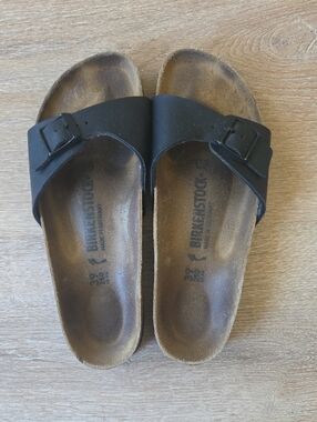 Birkenstock Madrid Big Buckle Black Single Strap Cork Footbed Sandals